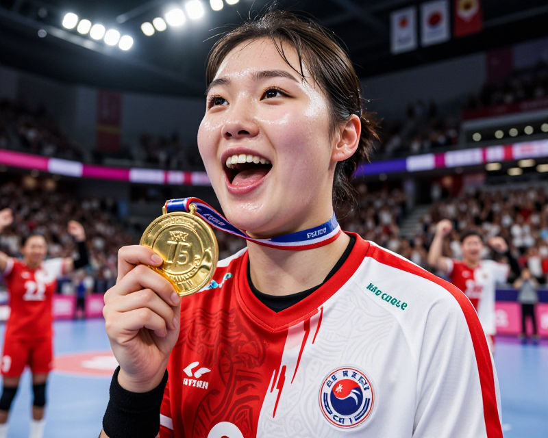 South Korean female handball player celebrating victory