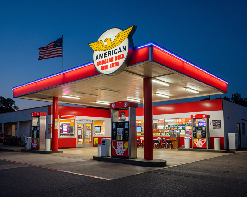 American Gas Station at Twilight